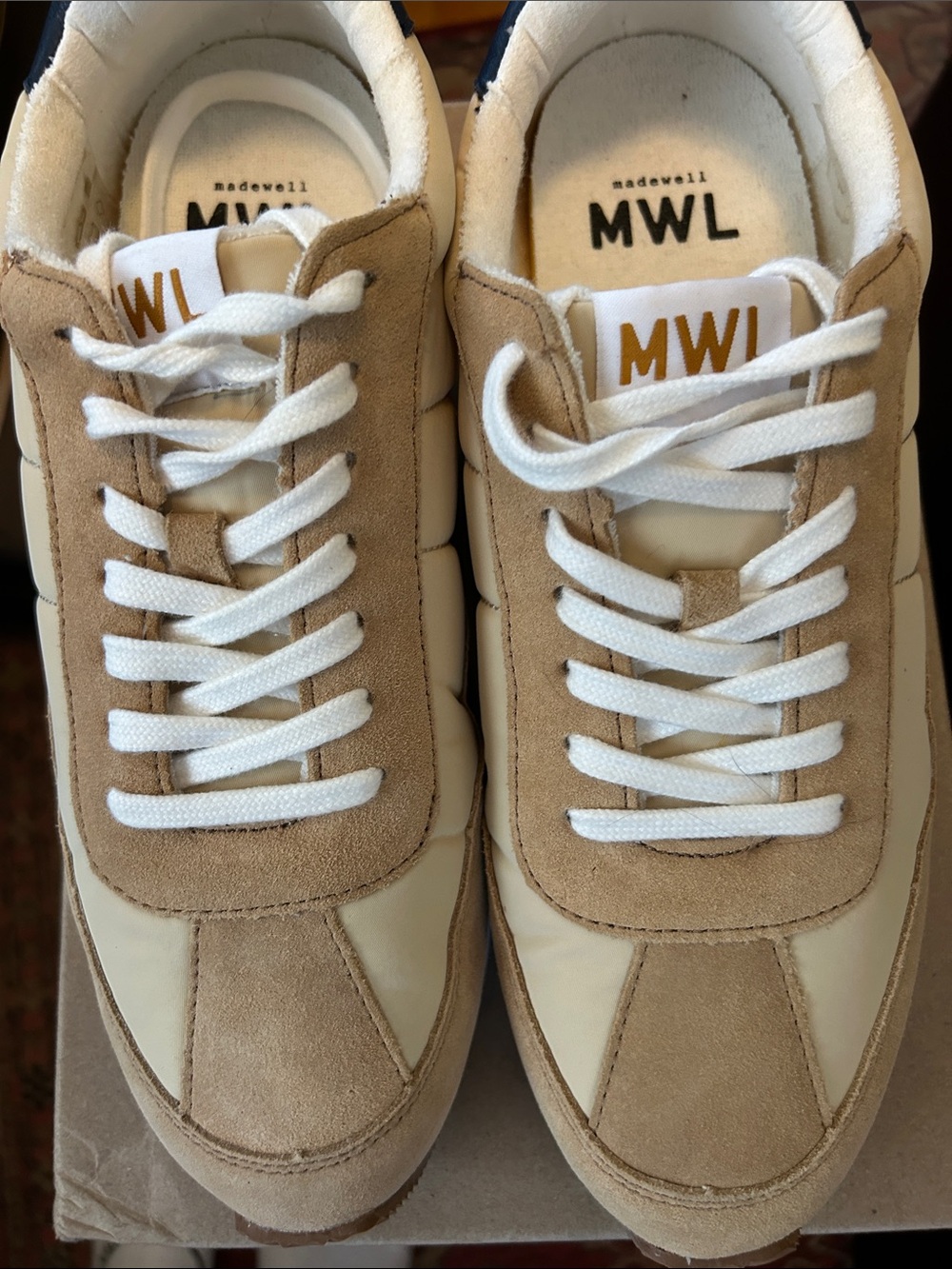 Madewell Retro Beige Suede & Cream Leather Sneakers with White Laces size 10 1/2